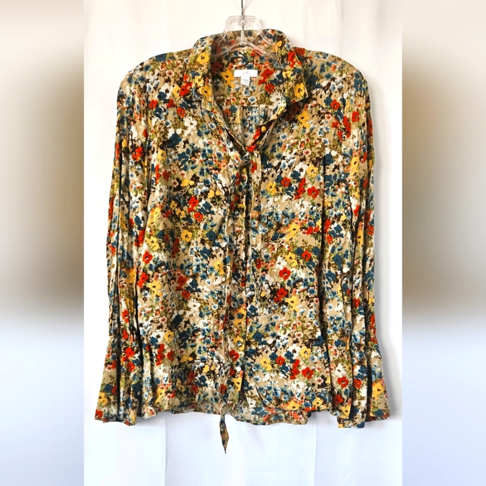 J. Jill wheat painterly‎ floral bell sleeve button-up blouse size small